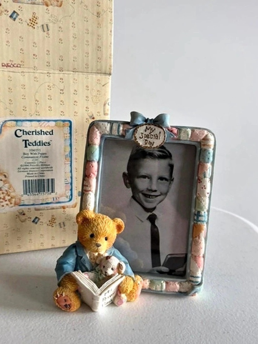 Cherished Teddies Boy With Puppy Communion Frame